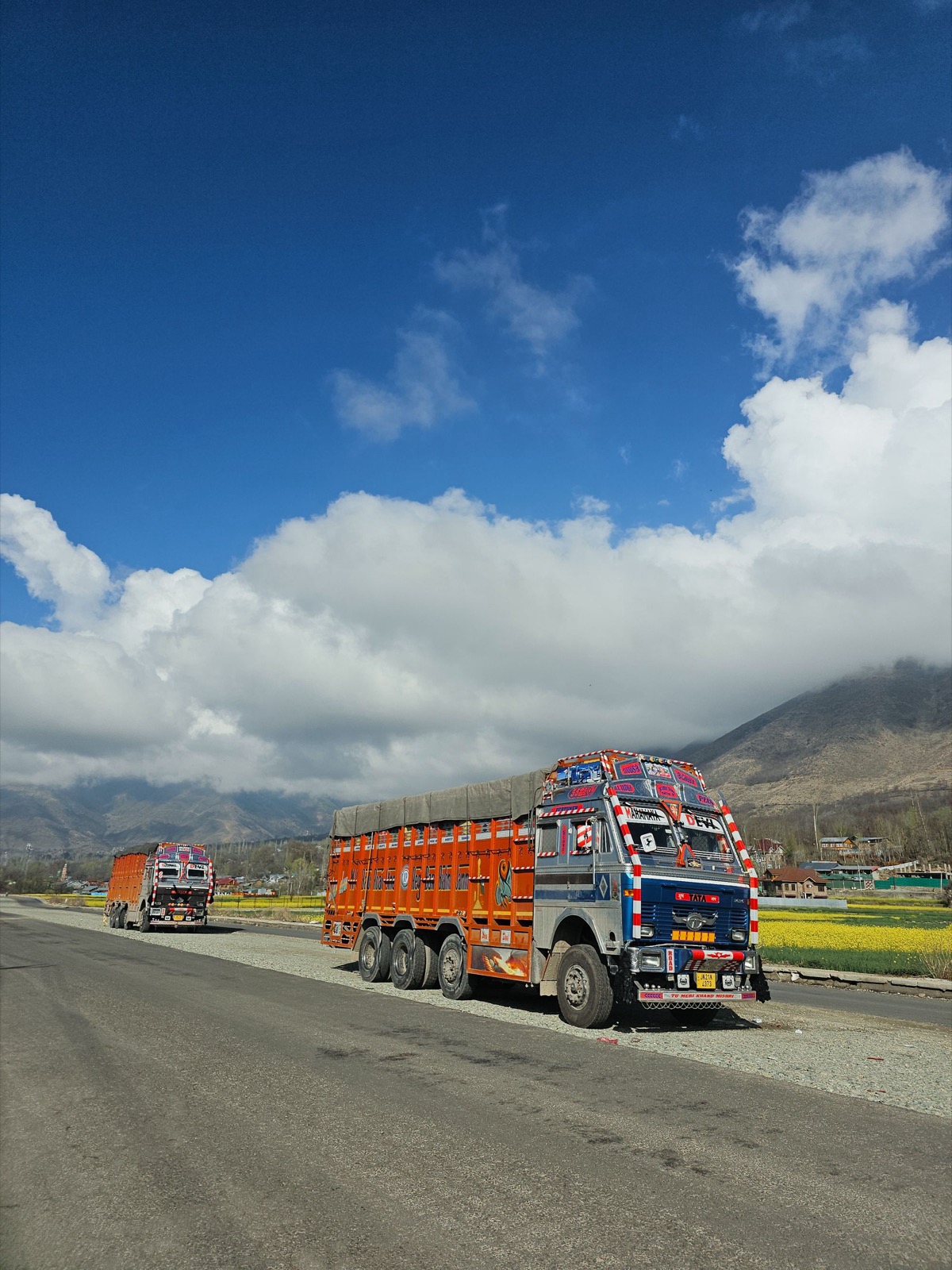 Goods trucks on a mountain highway