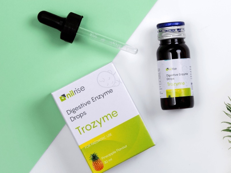 Nilrise Trozyme digestive enzyme drops, carton and bottle